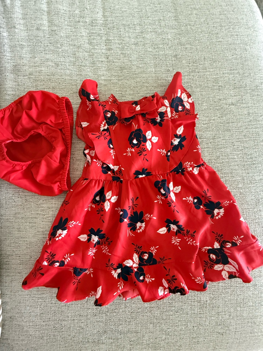 Janie and Jack Red Floral Girls' Romper with Navy Accents